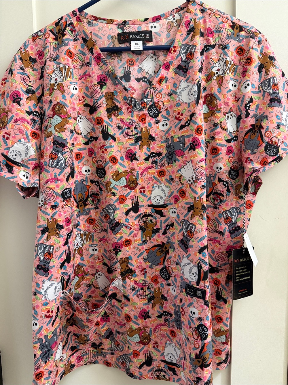 Women’s Pink Halloween Print Scrub Top